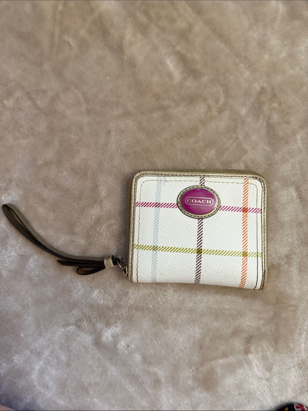 Coach White Plaid Zip Wallet with Multicolor Accents and Wristlet
